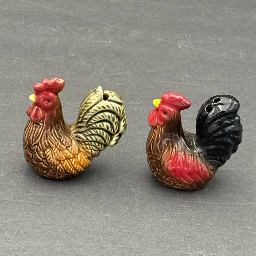 Vintage Ceramic Rooster Salt Pepper Shakers Set Farmhouse Rustic‎ Cottage core